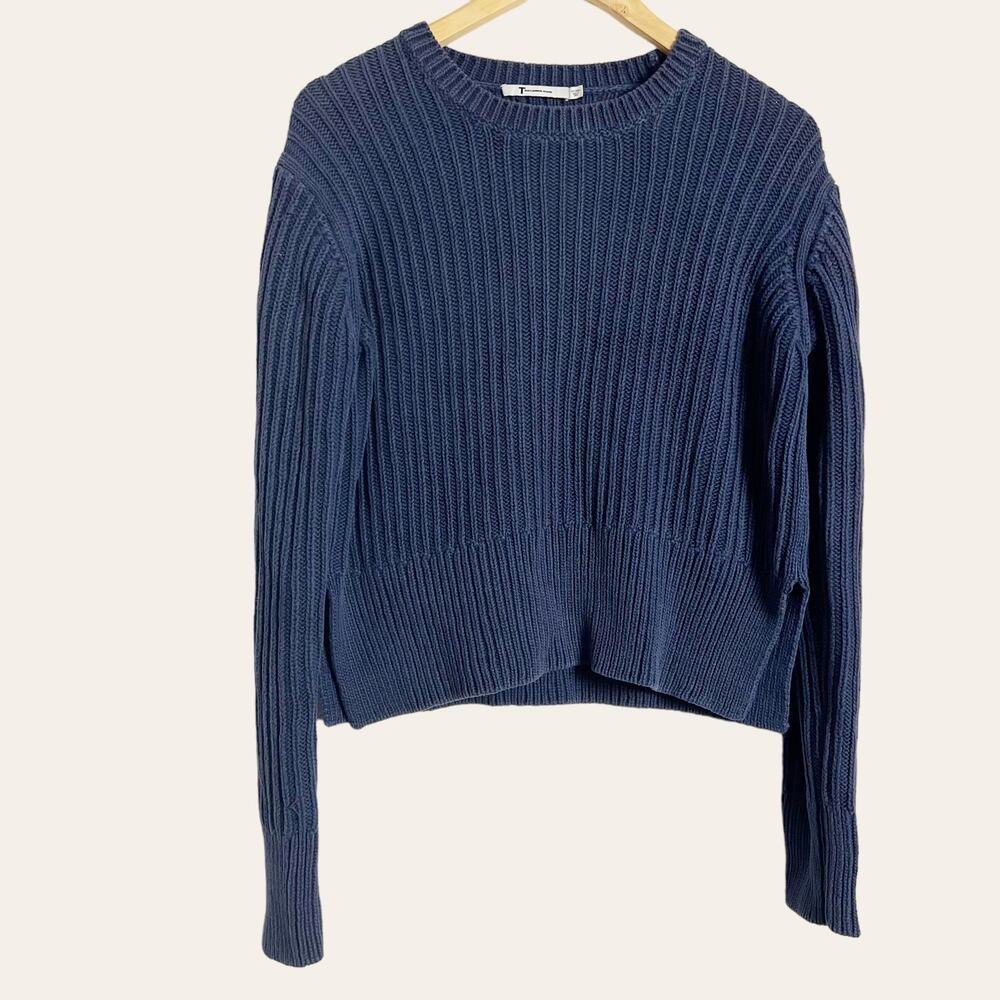 T by Alexander Wang Navy Blue Ribbed Chunky Cotton Crewneck Crop Sweater Small